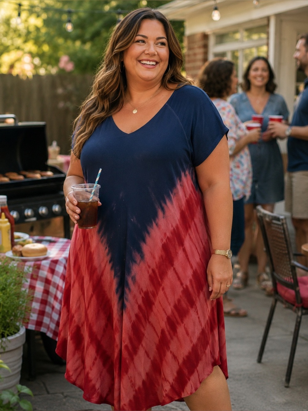 Red and blue tie dye dress